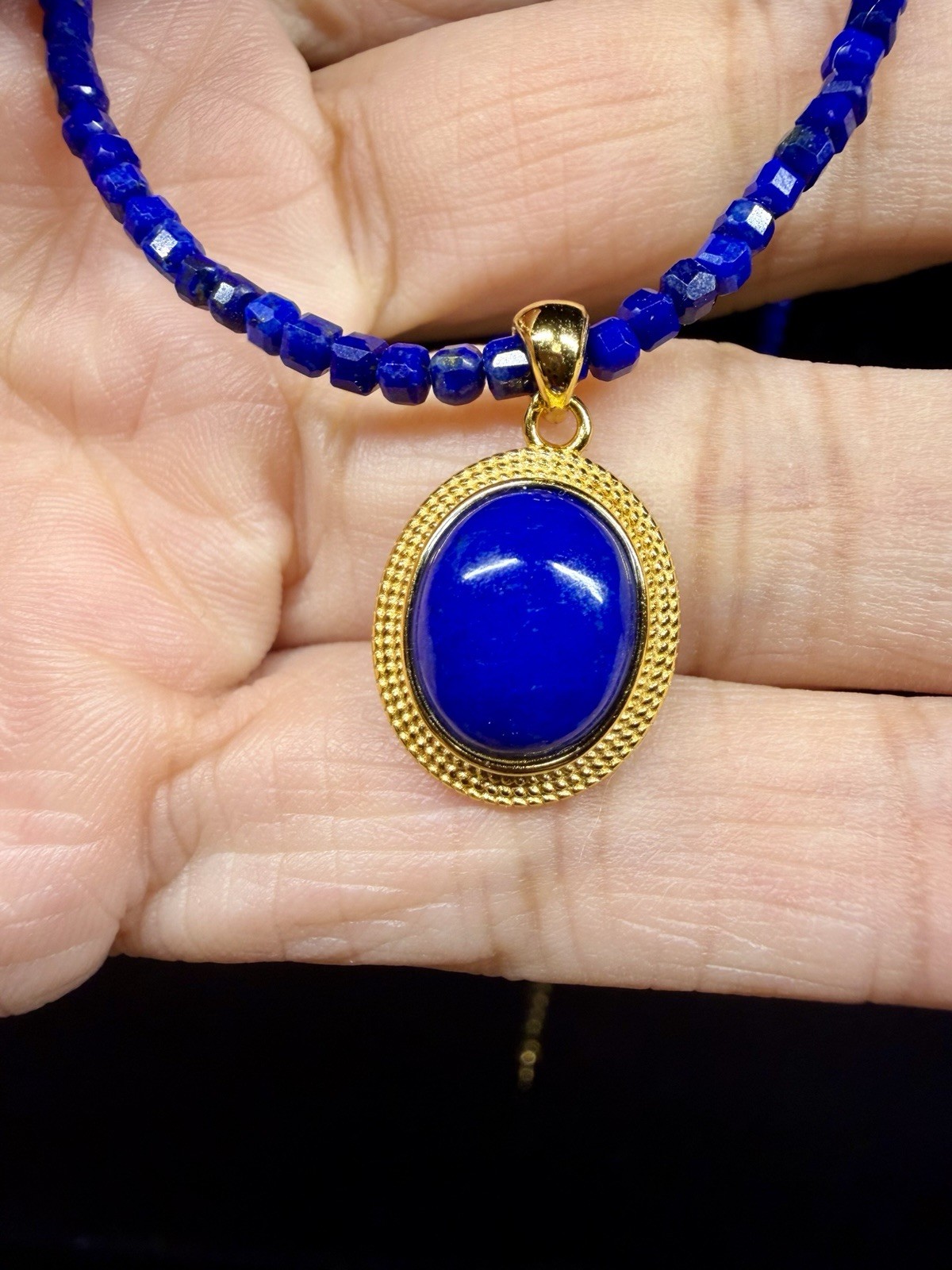 Premium Lapis Lazuli Beaded Necklace Oval Bezel Charm Pendant 925 Sterling