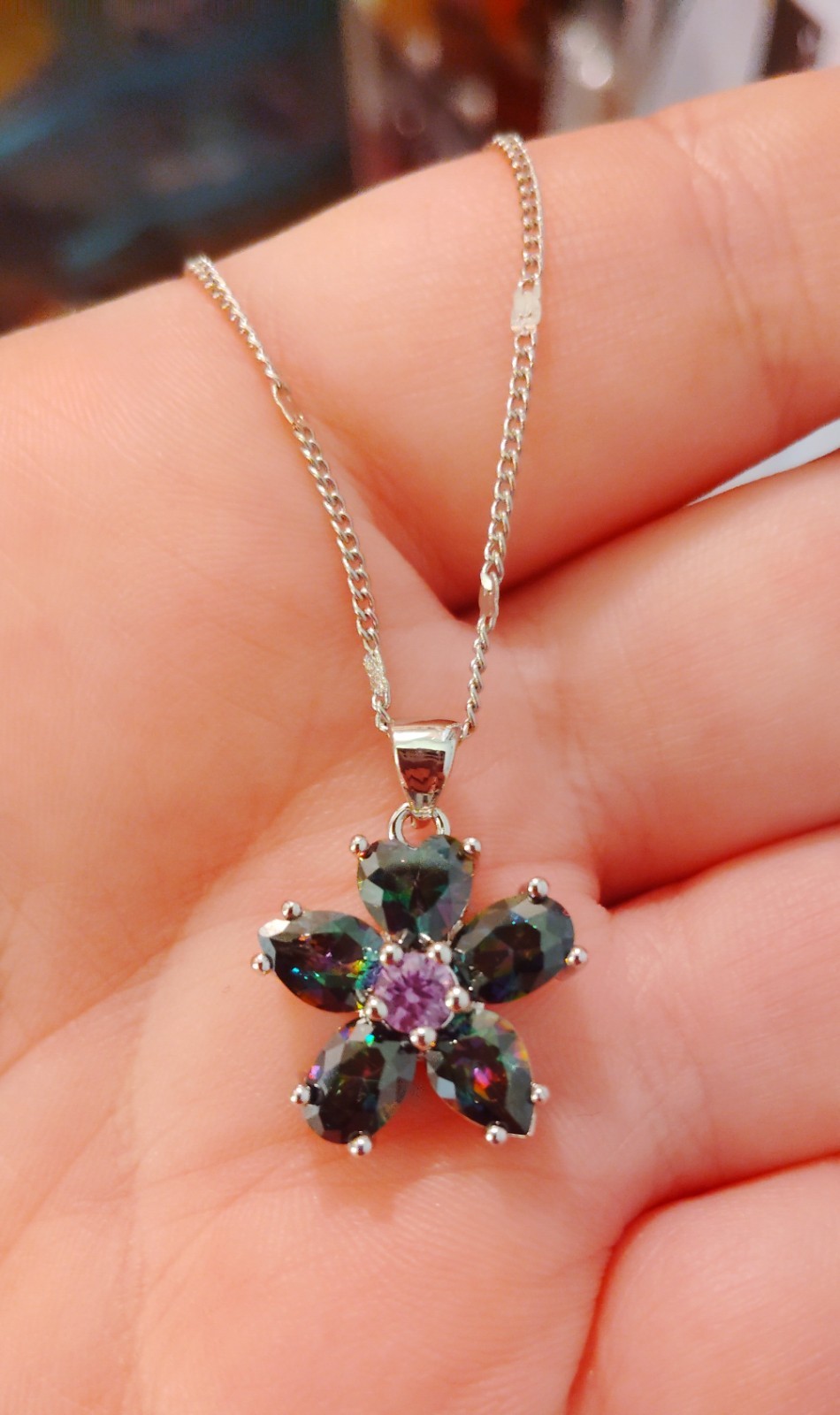 Sterling Silver 925 Mystic Topaz/Amethyst Heart Cut Flower Pendant Necklace Set!