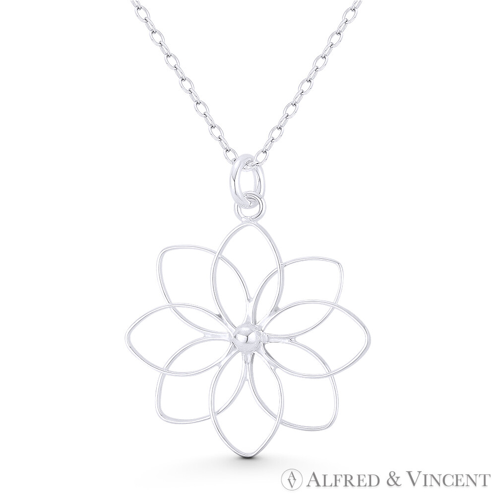 8-Petal LIly Flower Cutout Charm 29x24mm Women’s Pendant in .925 Sterling Silver