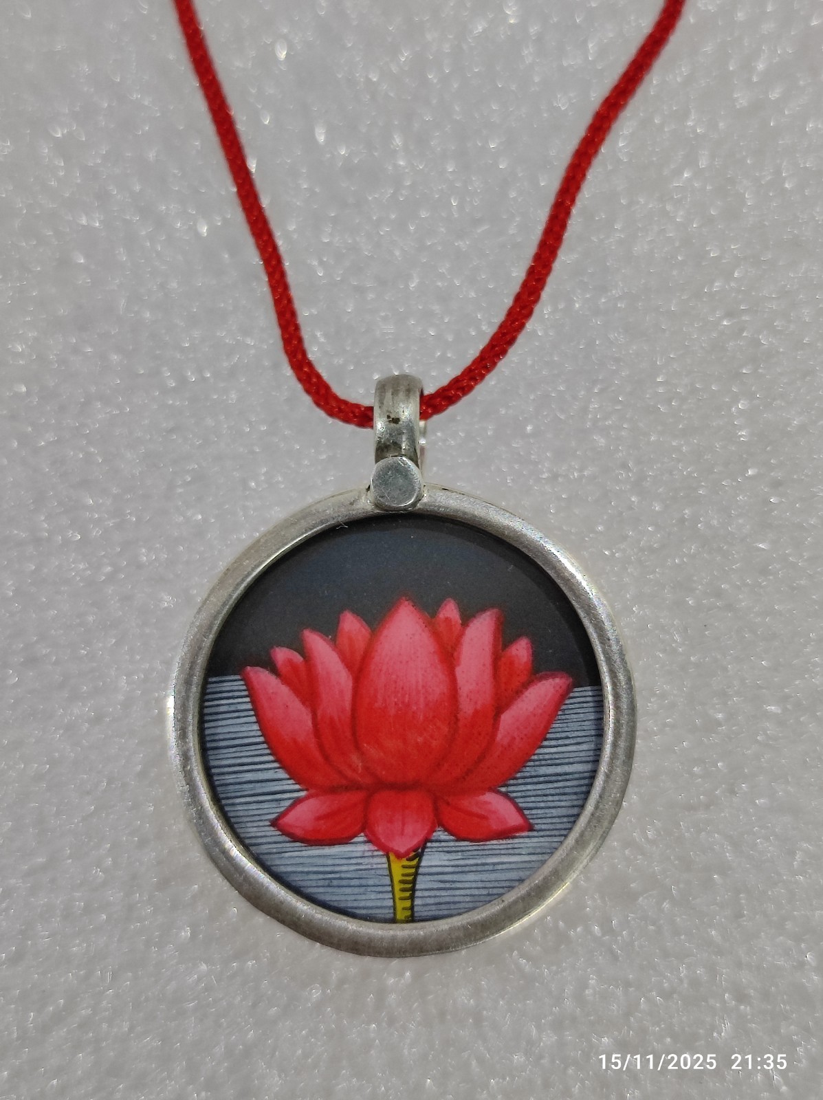 Handmade Miniature Art Painting Red Colour Lotus Flower of Life Silver Pendant