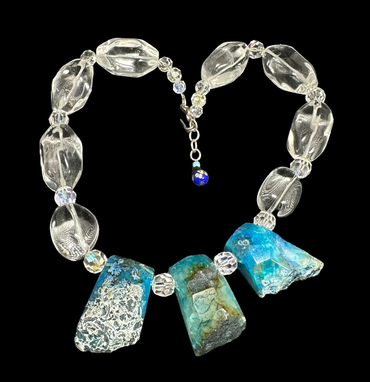 Natural Blue Larimar Necklace Clear Rock Crystal Beads 21 in Raw Gemstone