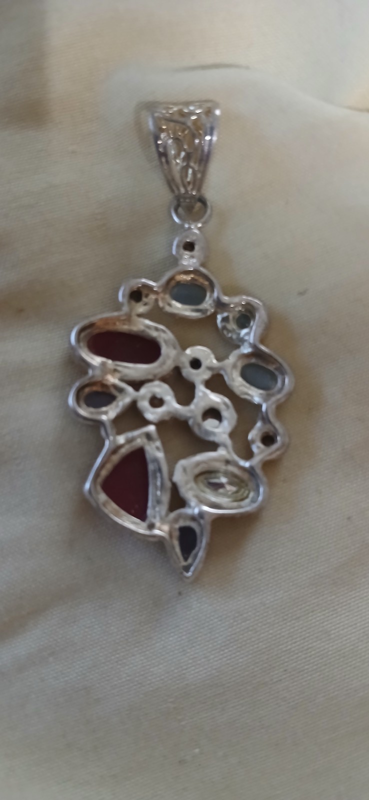 Sterling Silver 925 Multicolor Gemstone Statement Pendant Bezel Asymmetrical