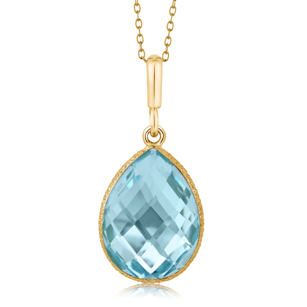 9.00 Ct Blue Topaz 16x12mm Pear Shape 18K Yellow Gold Plated Silver Pendant 18″