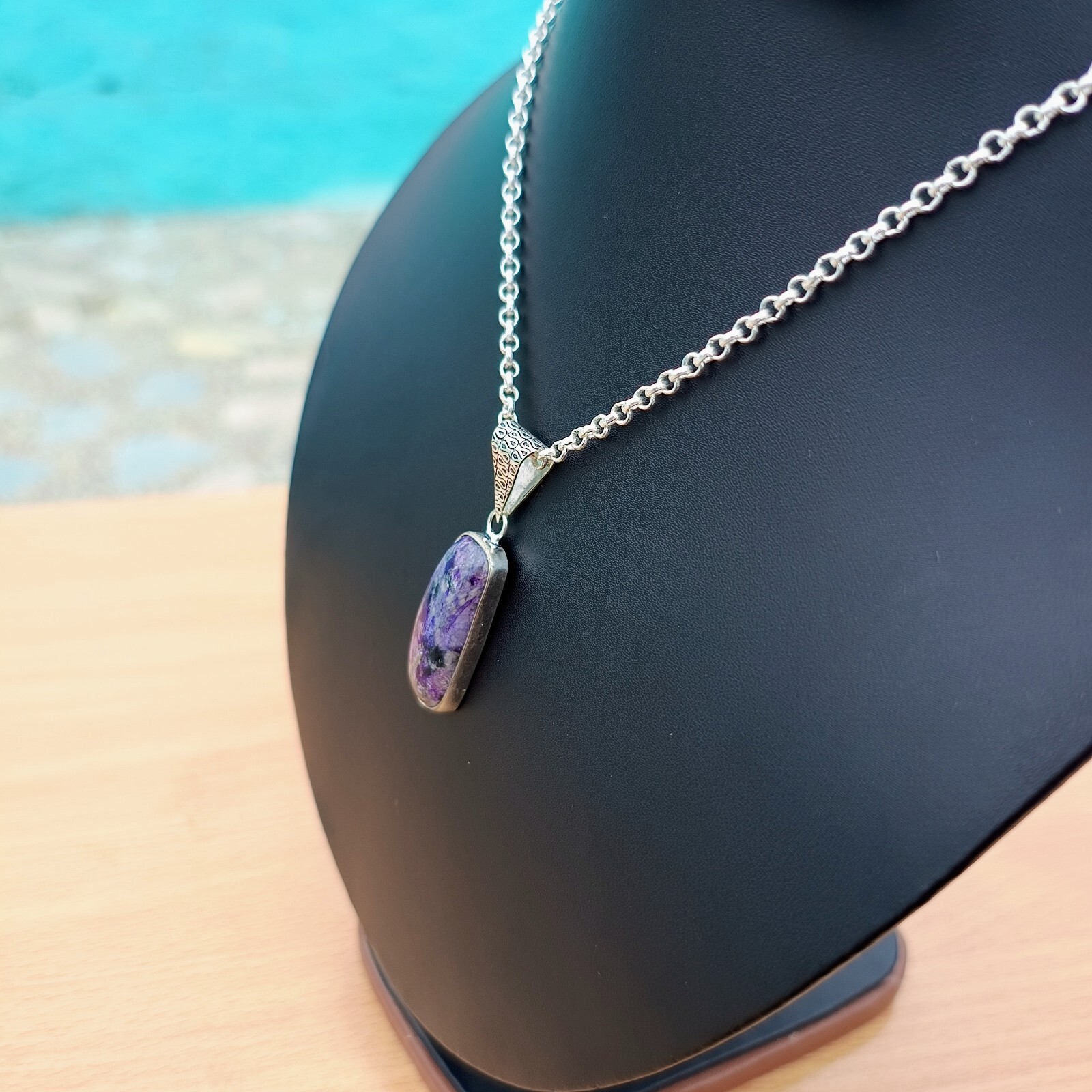 Charoite Pendant 925 Sterling Silver Handmade Natural Bar Gemstone Jewelry Gift