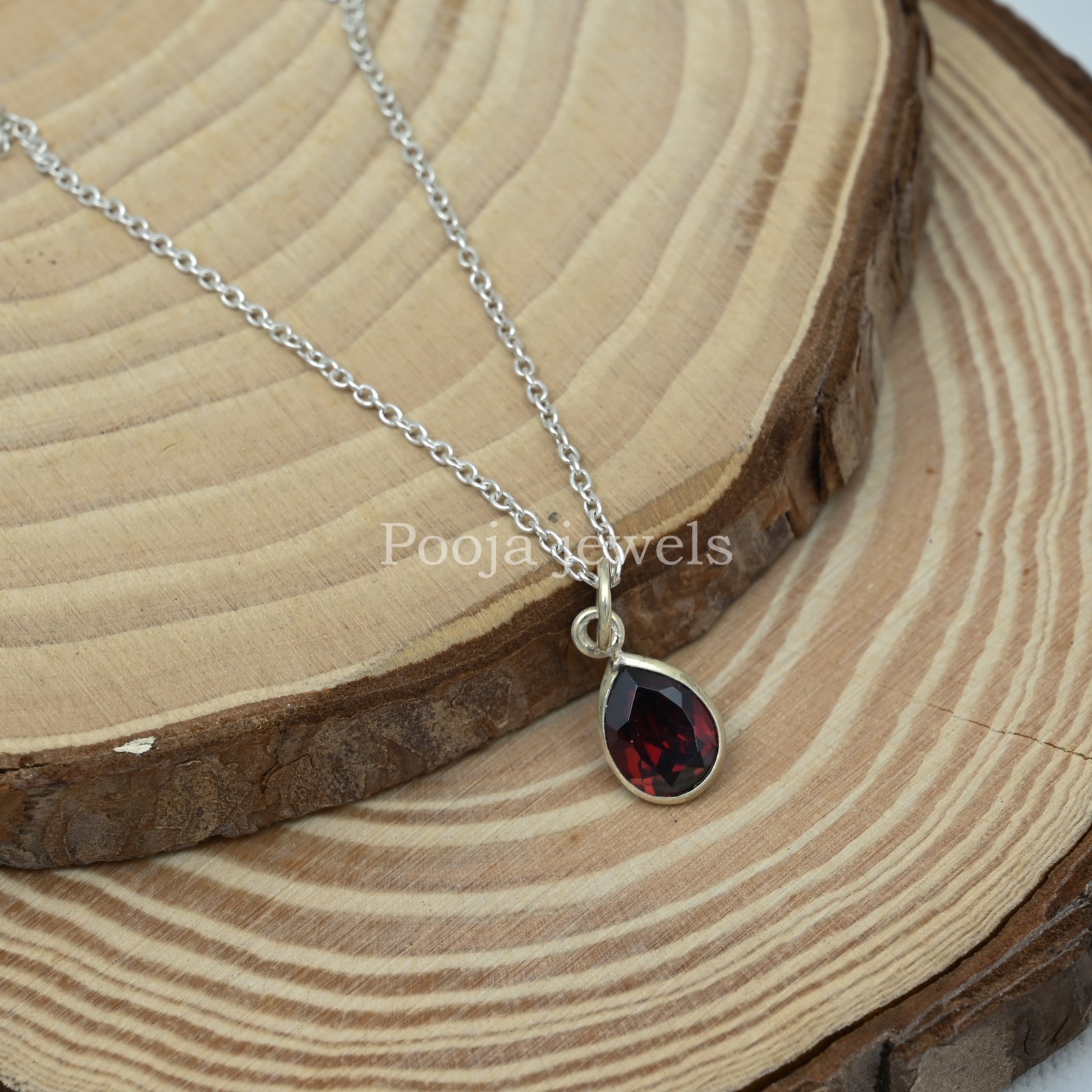 925 Sterling Silver Natural Garnet Pear Teardrop Pendant Red Gemstone Gift