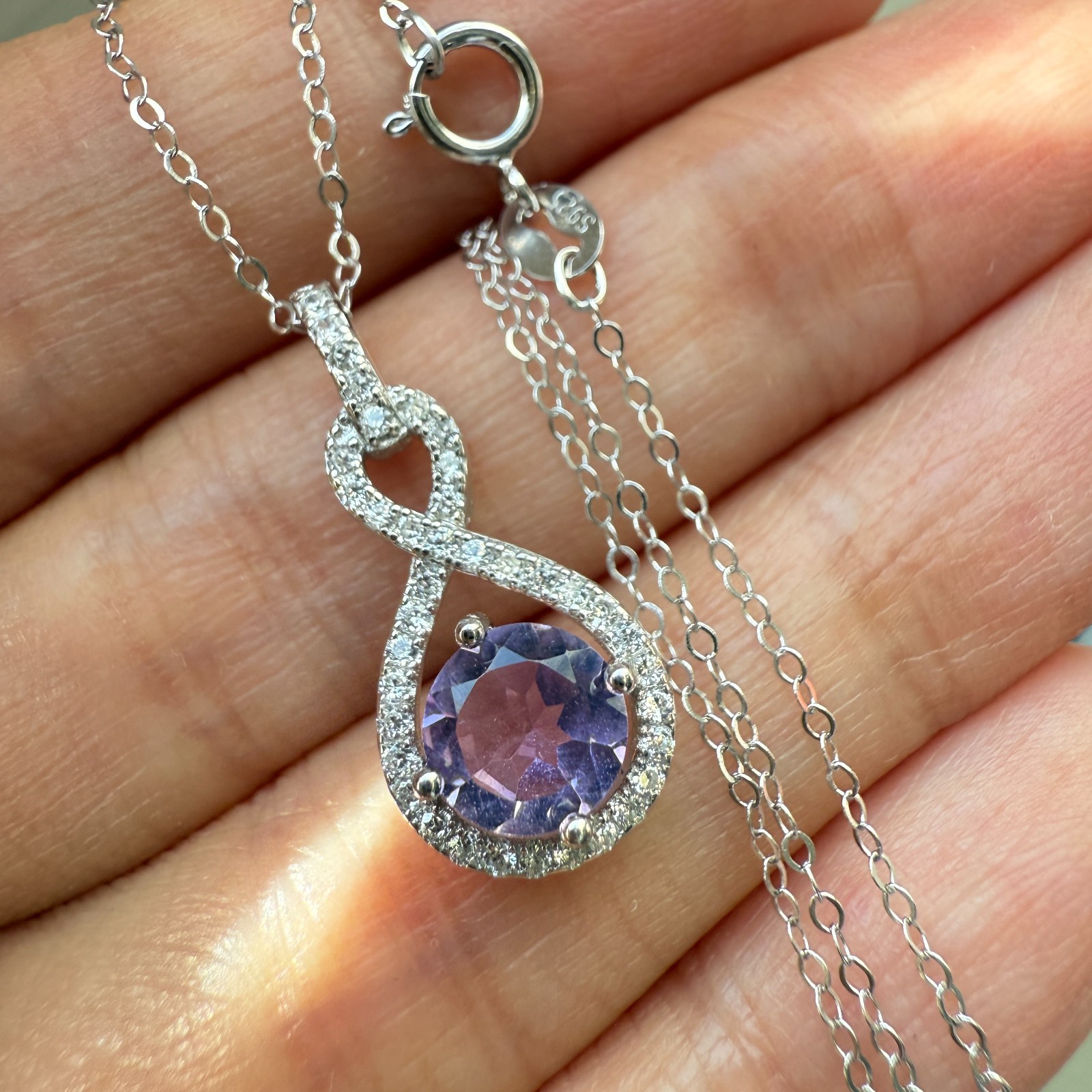 925 Sterling Silver Necklace 6mm Natural Amethyst Gemstone Zircon Purple Chain