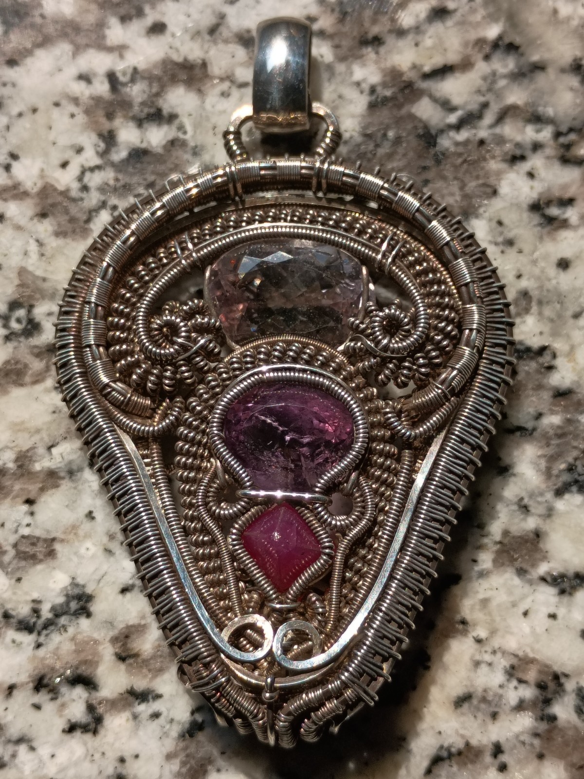 Amethyst Spinel Rose De France “Light Shield” Pendant Statement Wirewrap Art 925