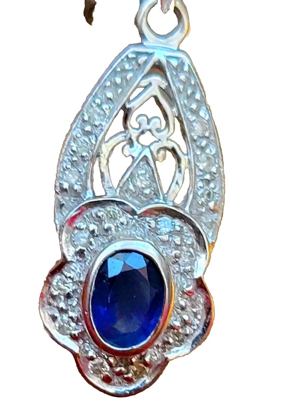 Sapphire And Diamonds 14k White Gold Art Deco Pendant Substantial 4.34g Beauty