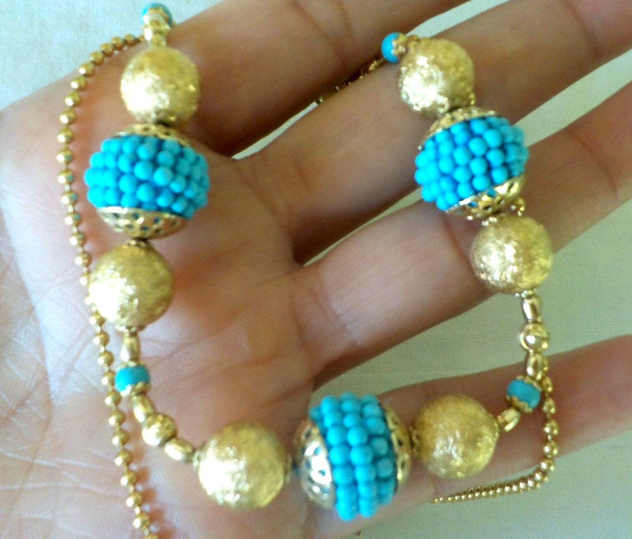 Solid 14K Yellow Gold Beaded Turquoise Diamond Cut Necklace – 18.3 gms, 20.5 in