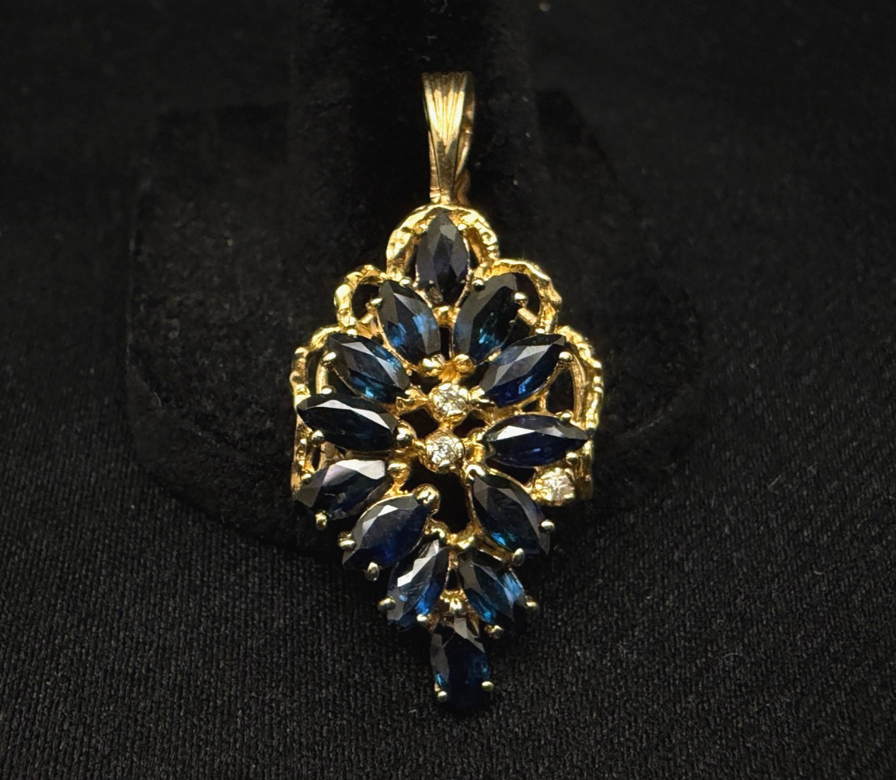 14K 585 Solid Yellow Gold Marquise Blue Sapphire & Diamond Pendant 5.28g