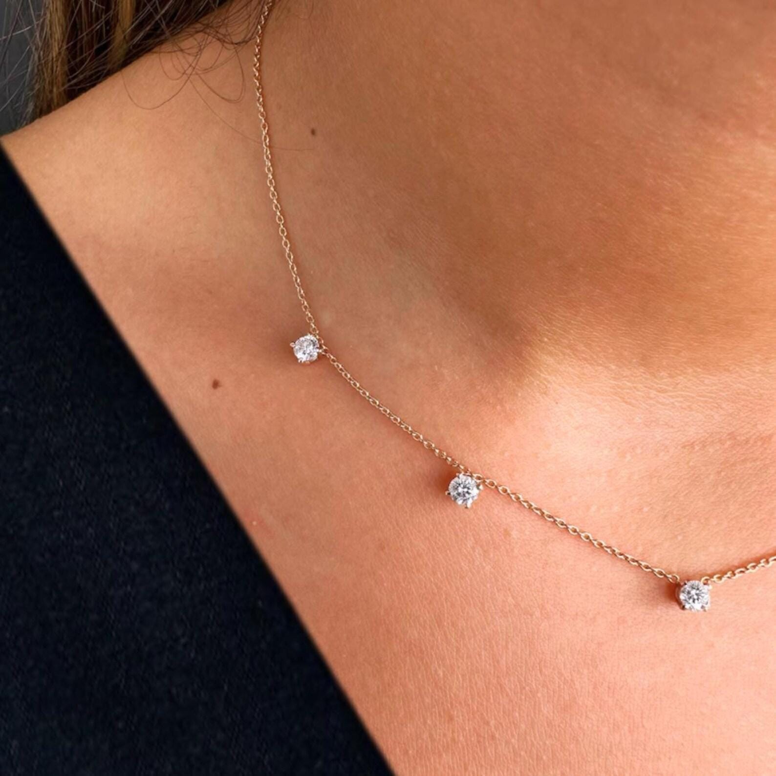 Station Necklace For Girlfriend Gift Round Natural GH/SI Diamond 14k Rose Gold