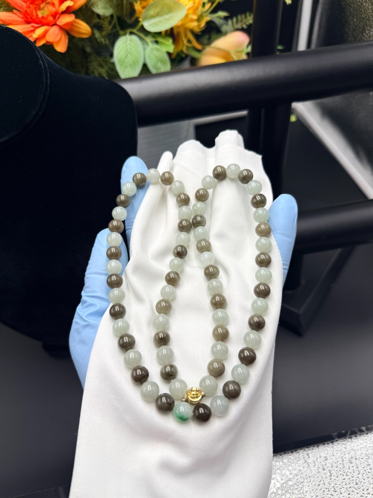 Certified Grade A Jadeite Jade Beaded Necklace Ble Green Olive 8.9 mm #100146