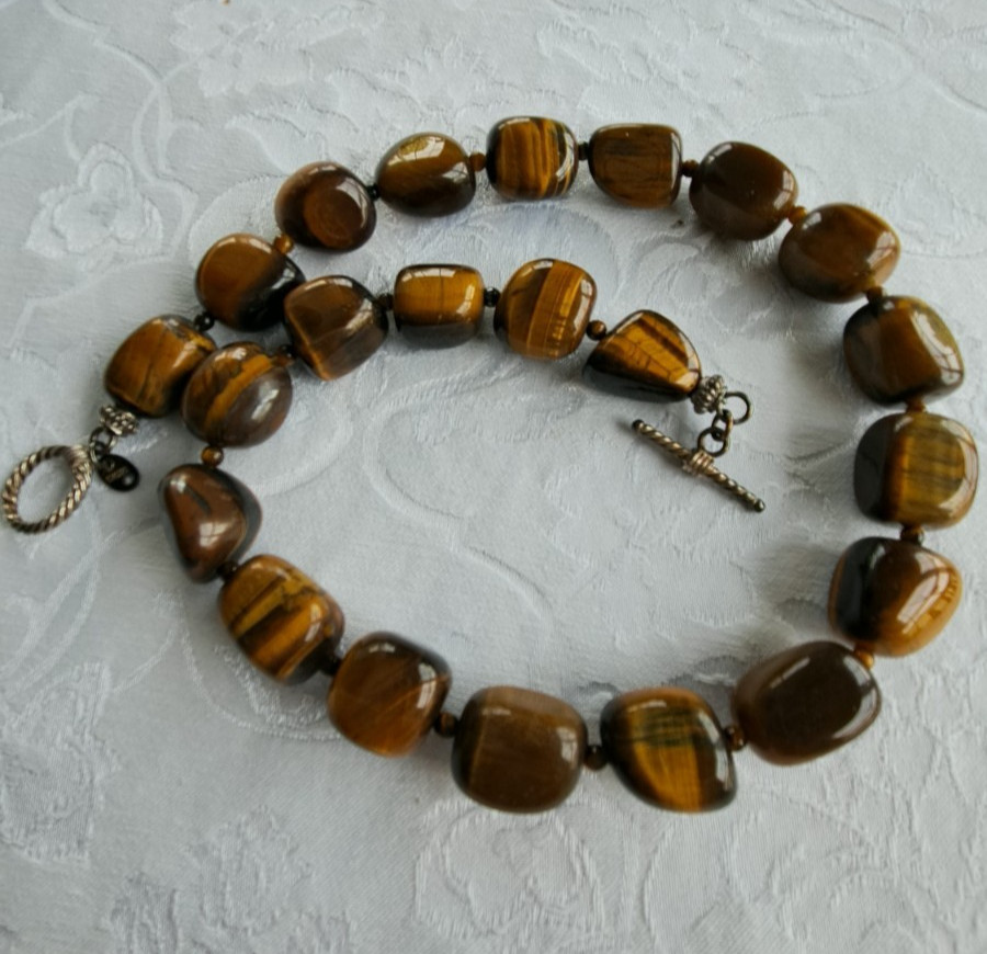Fashion Jewelry Gemstone Tiger’s Eye Beaded Necklace Sterling Silver Clasp