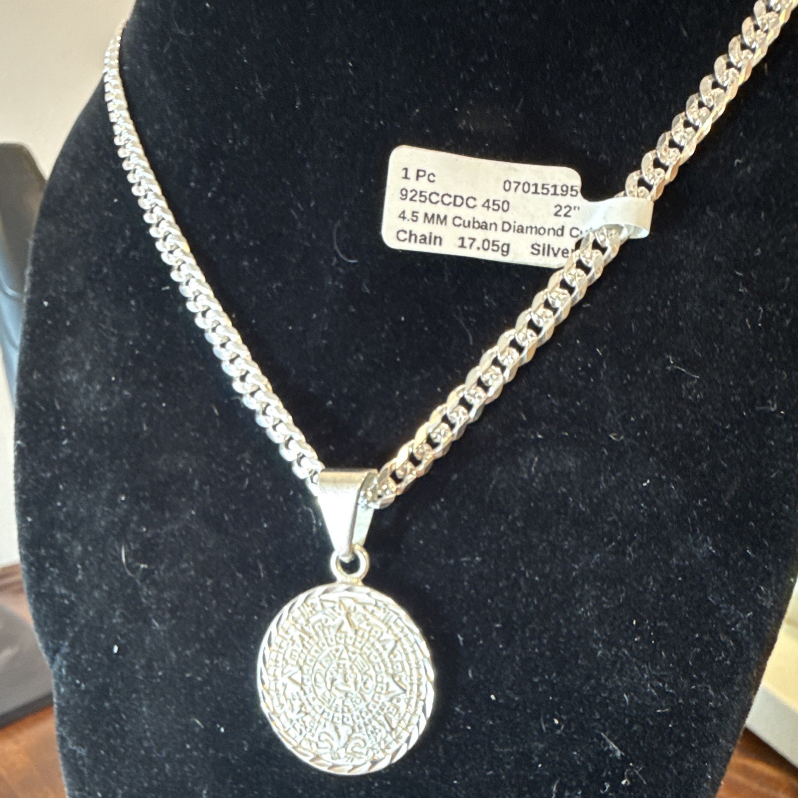 SOLID 925 Cuban Chain 22” 4.5mm (26g) w Round Silver Aztec Pendant
