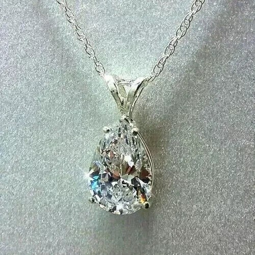 5.00Ct Pear Cut Lab Created Diamond 14k White Gold Plated 925 Solitaire Necklace