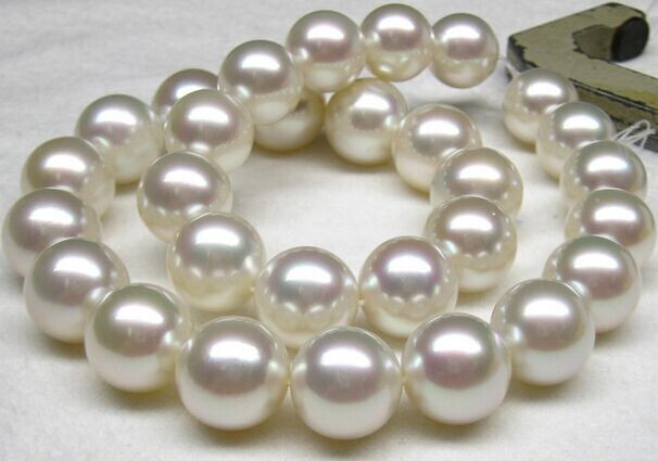 Huge 17″12-15mm natural south sea genuine white round pearl necklace 14k 652