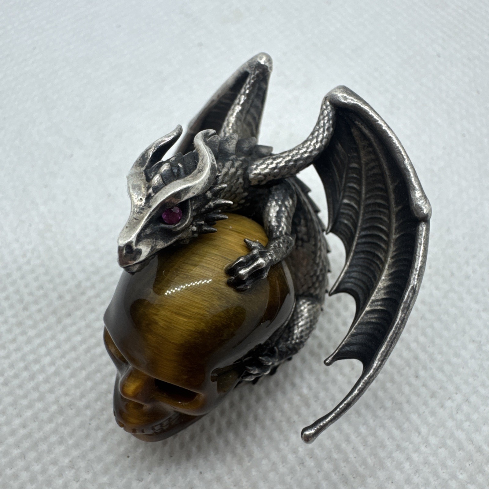 SKULLIS Tiger’s Eye Gemstone Carved SKULL and 925 Sterling Dragon Pendant