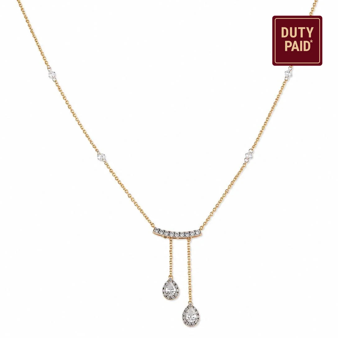 0.91 Natural Diamonds Teardrop Necklace 14k Solid Gold Curved Bar Pave