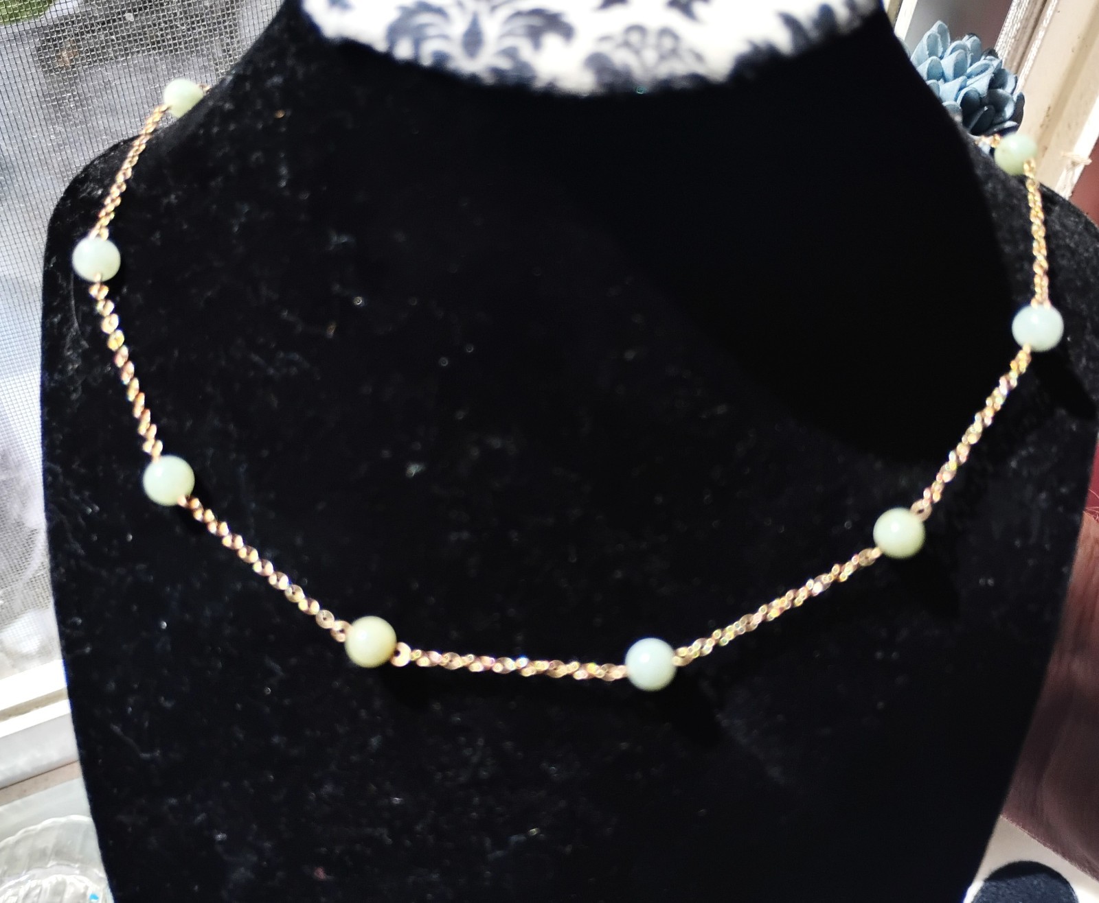dainty 14k gold chain with 10 light green jade beads (6mm ea) necklace, 16″