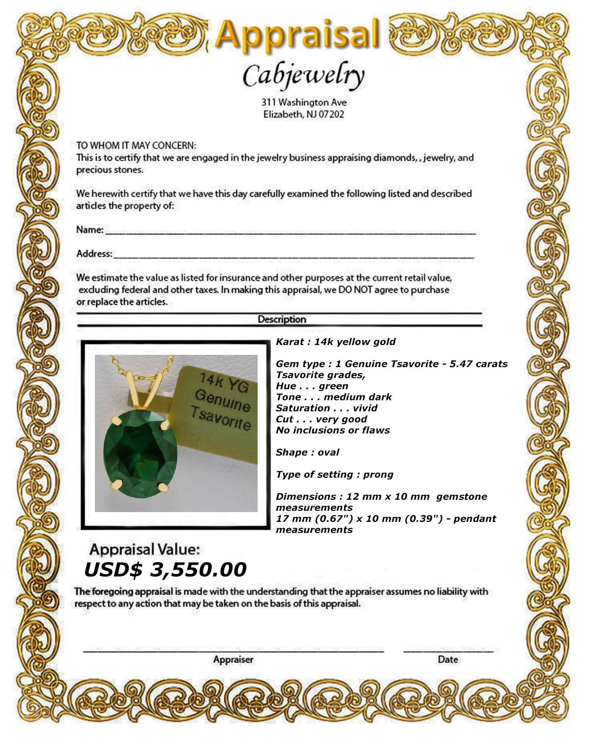 GENUINE 5.47 Carats TSAVORITE PENDANT 14k SOLID YELLOW GOLD – Free Appraisal
