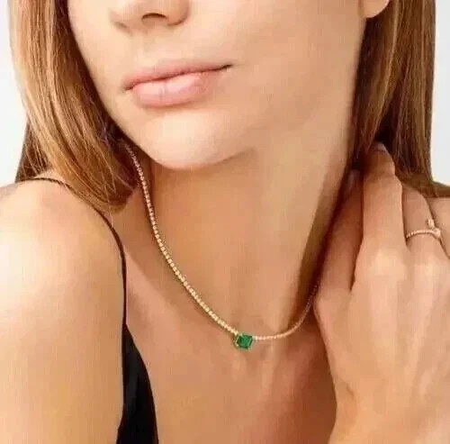 4Ct Lab-Created Emerald & Diamond Tennis Choker Necklace 14K White Gold Plated
