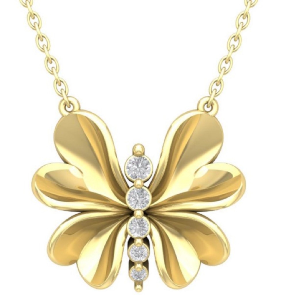 10K Yellow Gold Lab Grown Diamond Butterfly Pendant Silver Cable Chain 18″