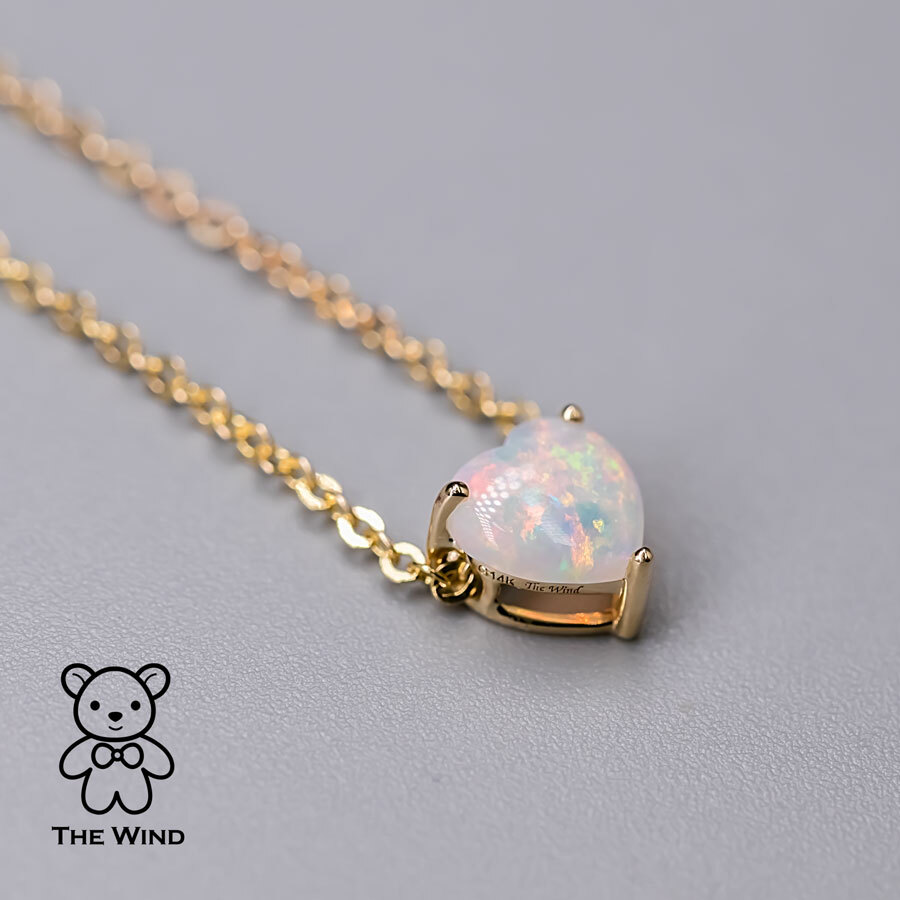 Minimalist Heart Shaped Australian Solid Opal Necklace 14k Yellow Gold Pendant