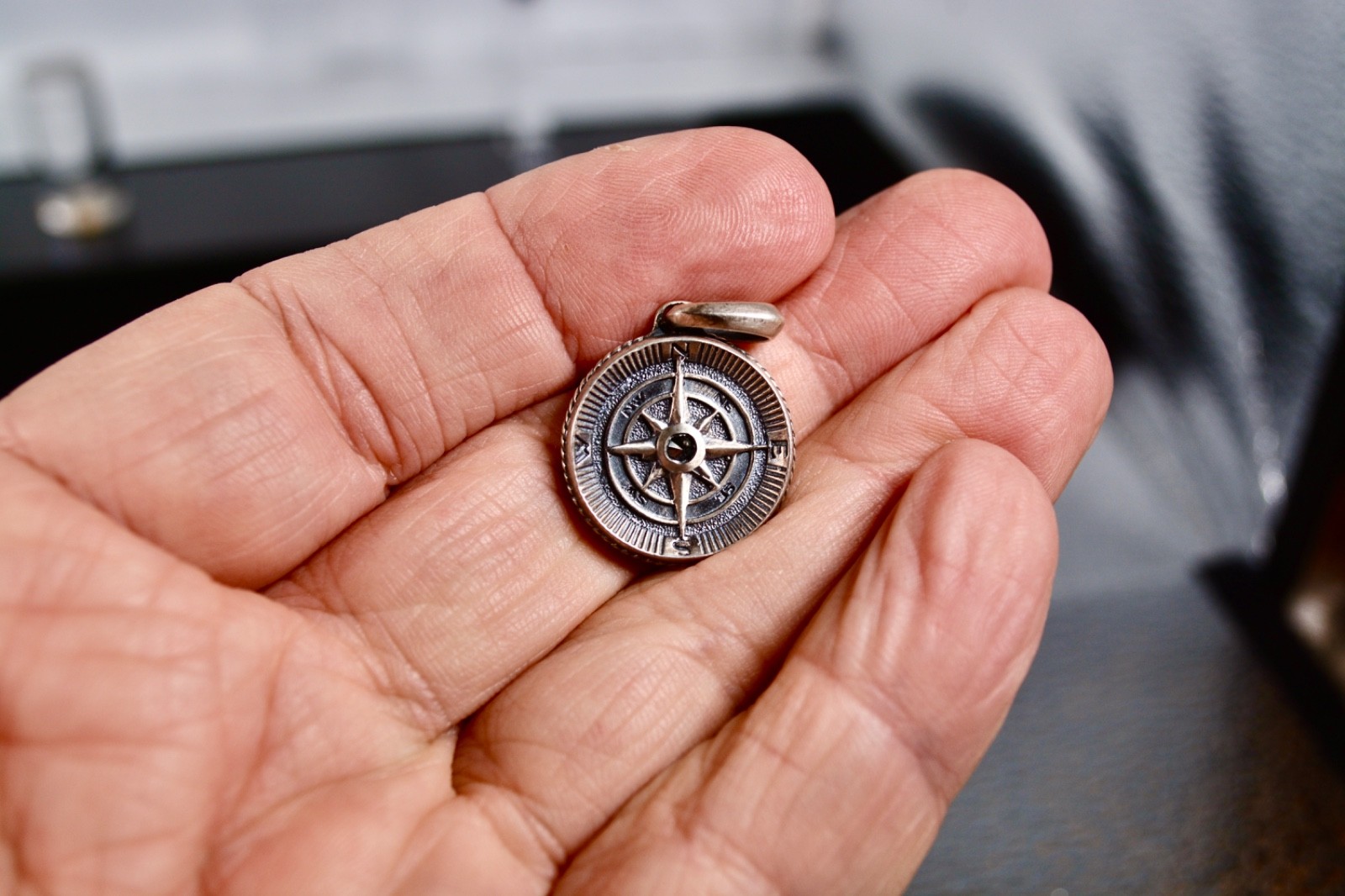 David Yurman Sterling Silver Compass Amulet Pendant with Black Diamond