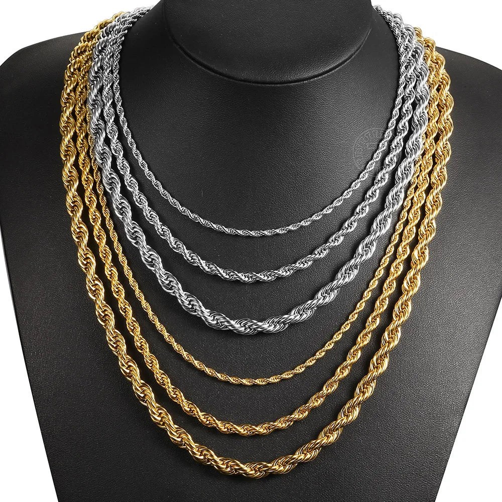 Twisted Rope Chain Necklace Stainless Steel 18-24″ Waterproof Men