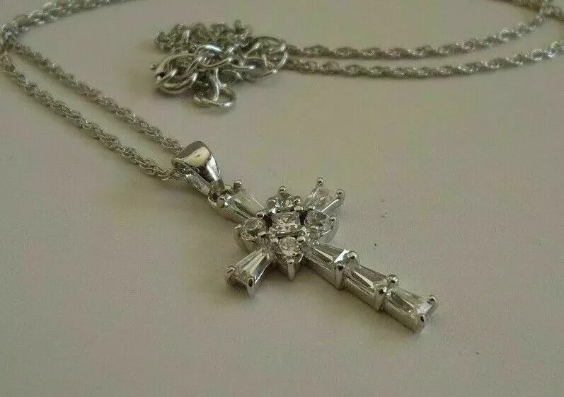 1.30Ct Baguette Cut Diamond Cross Pendant 14K White Gold Finish With 18″Chain