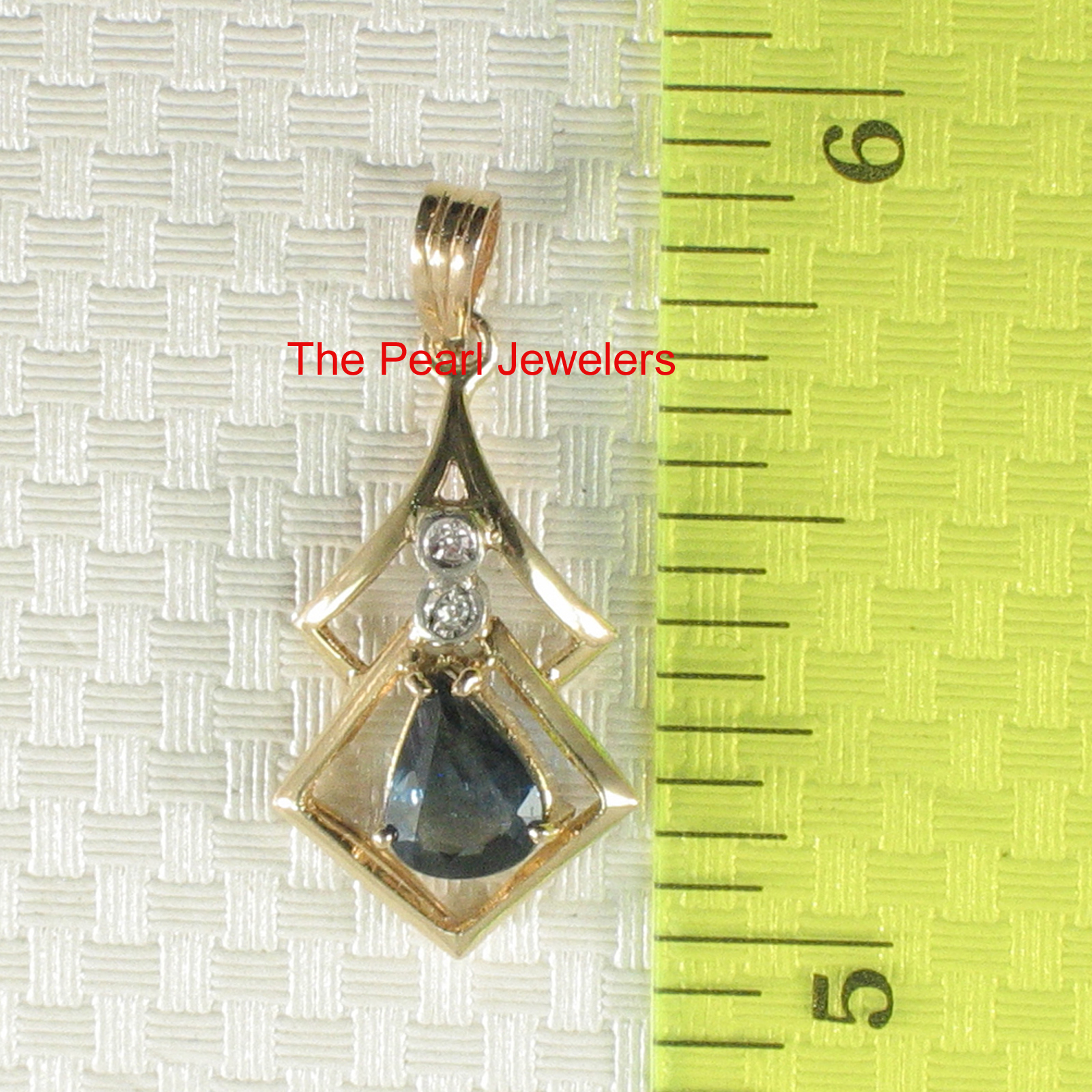14k Yellow Solid Gold Genuine Diamond Pear Cut Natural Blue Sapphire Pendant TPJ