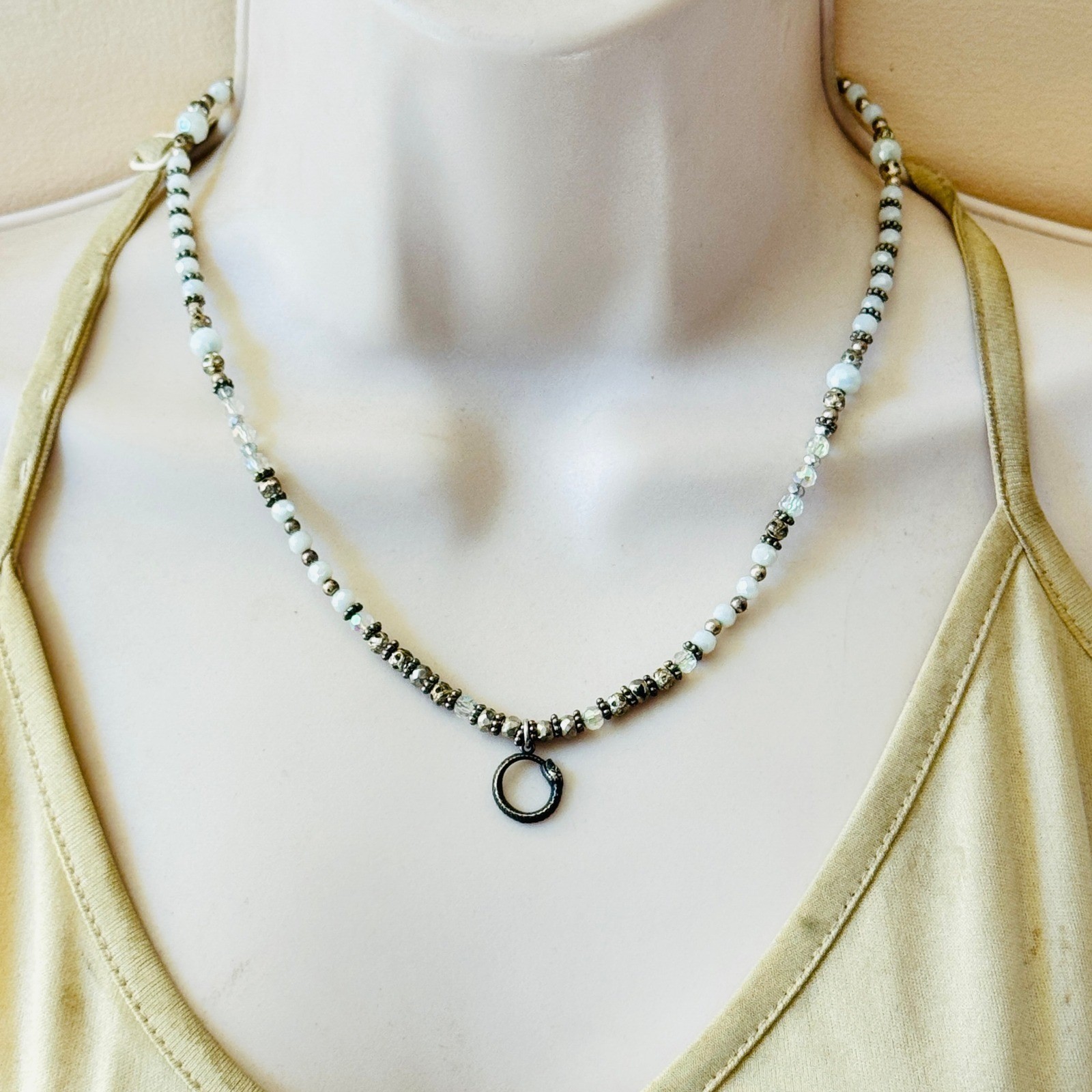 Snake Serpent beaded Necklace crystal Beads Sterling Silver 925 Collar 18″ OOAK