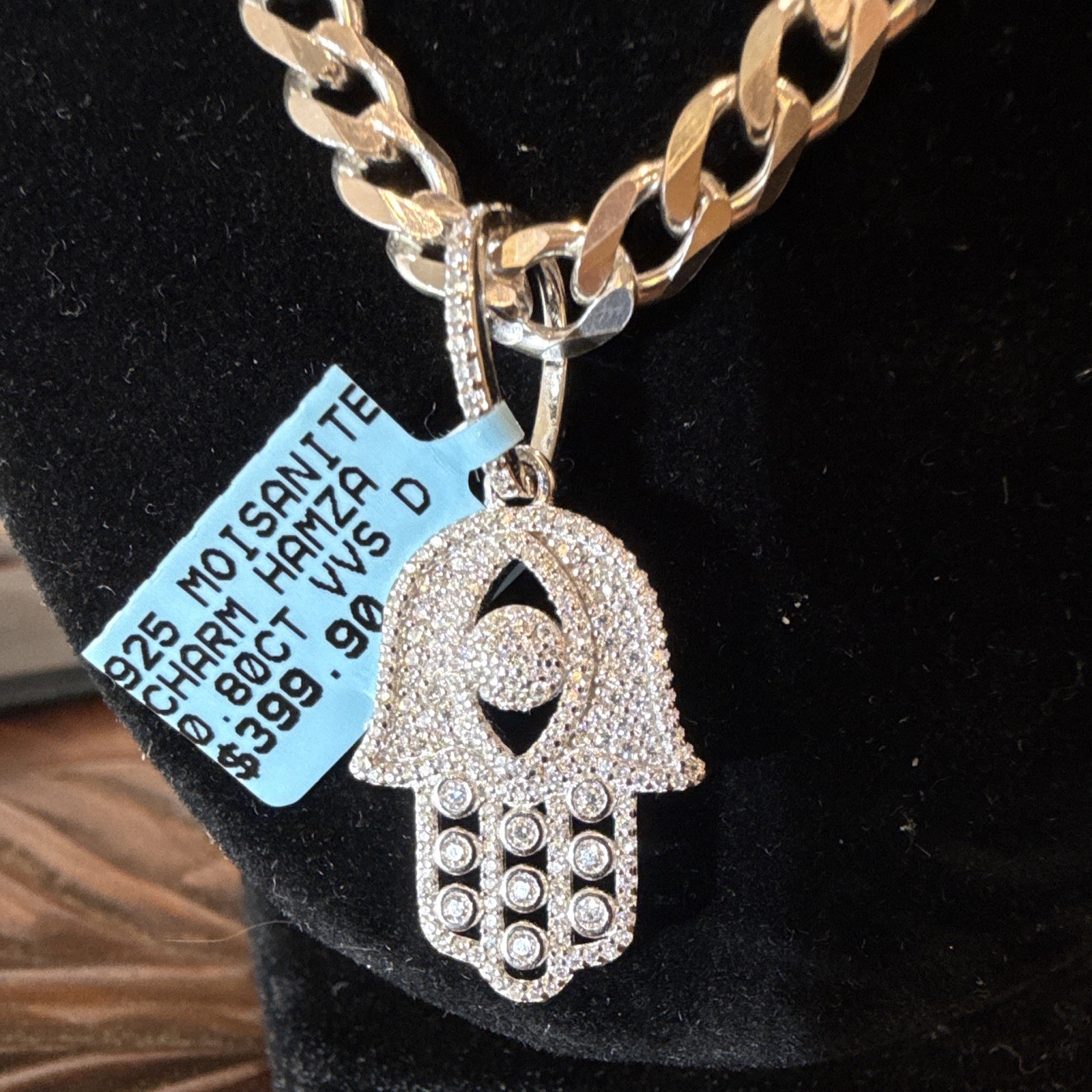 22” 6mm Cuban Link Chain SOLID 925 Silver (~30g) w Moissanite Hamsa Pendant