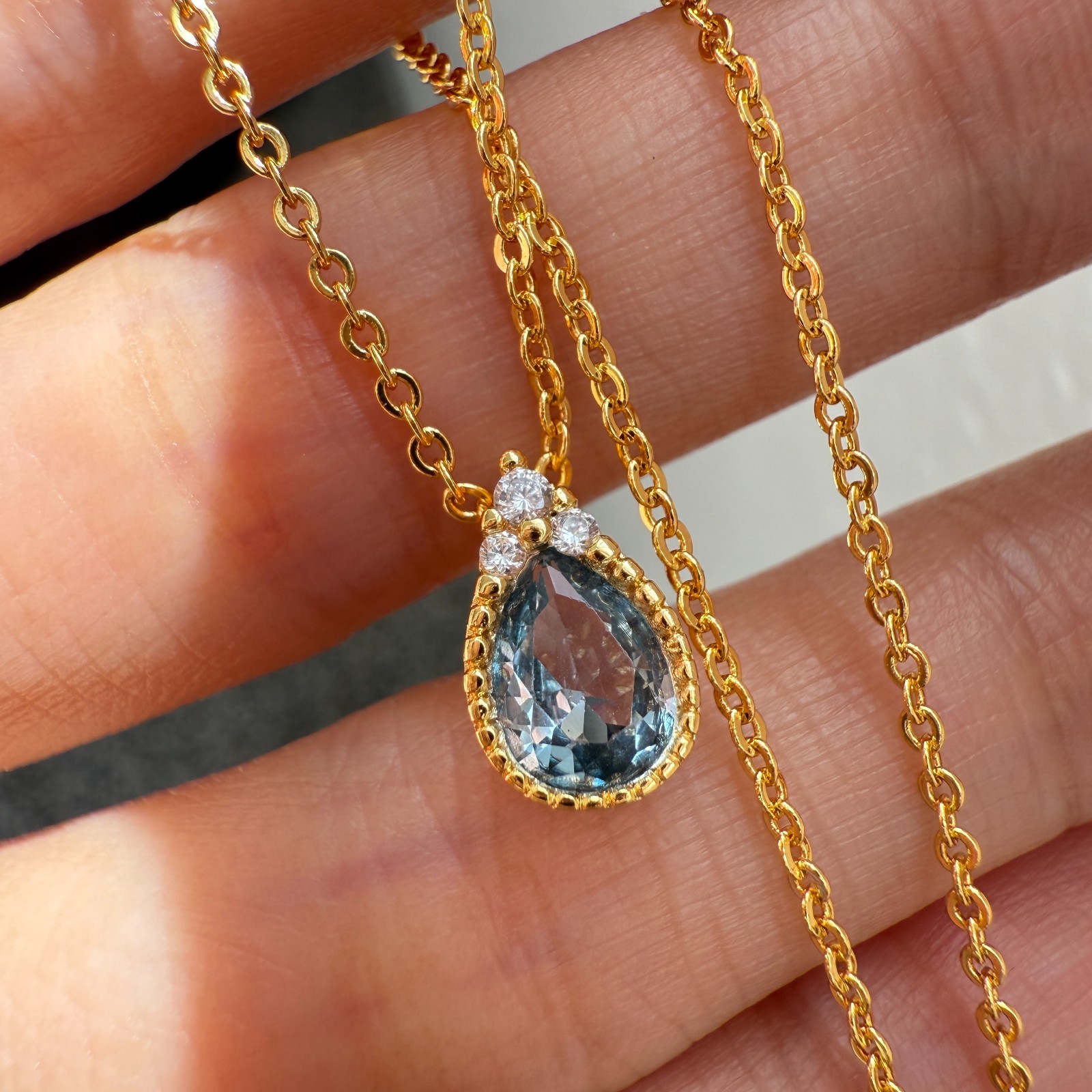 925 Sterling Silver Necklace 8x6mm Natural Aquamarine Zircon 14K Gold Plated NEW
