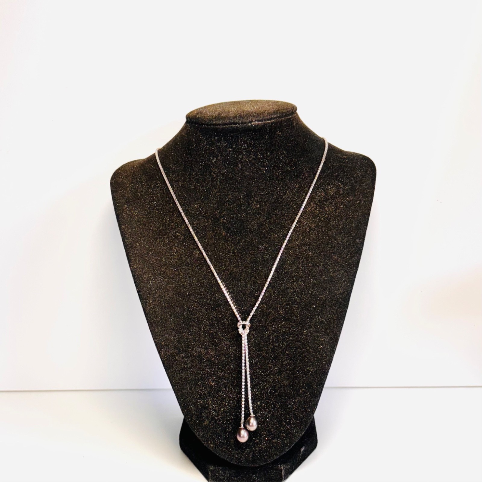 STERLING SILVER necklace two genuine black pearl Y drop tassels popcorn chain