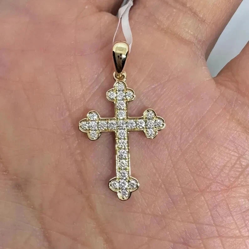 1.40Ct Round Cut Real Moissanite Cross Pendant 14K Yellow Gold Plated Silver