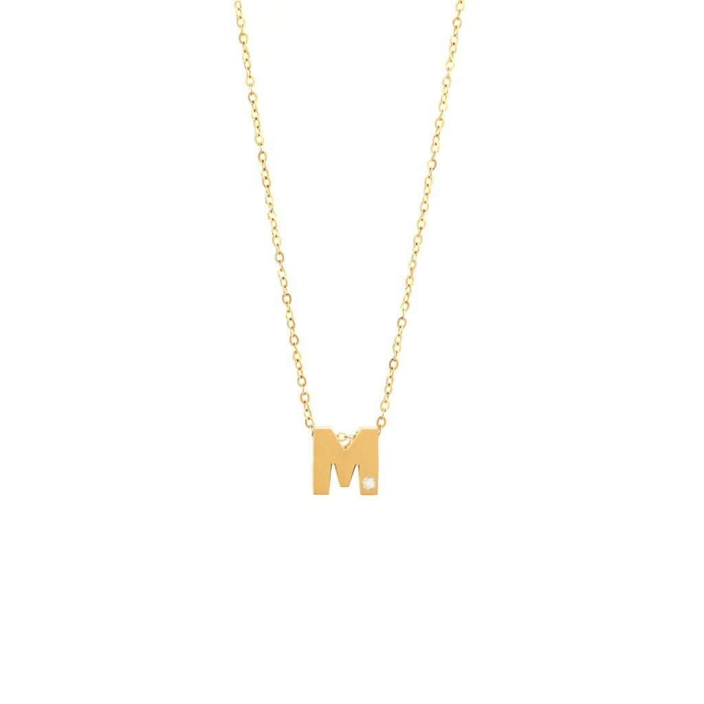 14K Yellow Gold Diamond M Initial Letter Minimalist Necklace 16″-18″