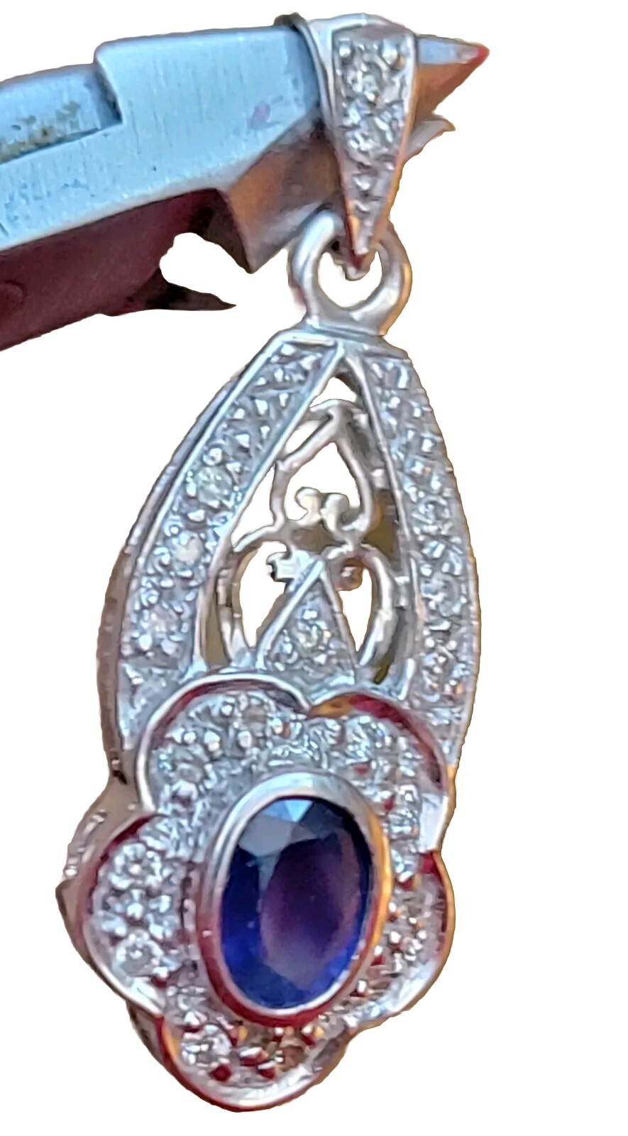 Sapphire And Diamonds 14k White Gold Art Deco Pendant Substantial 4.34g Beauty