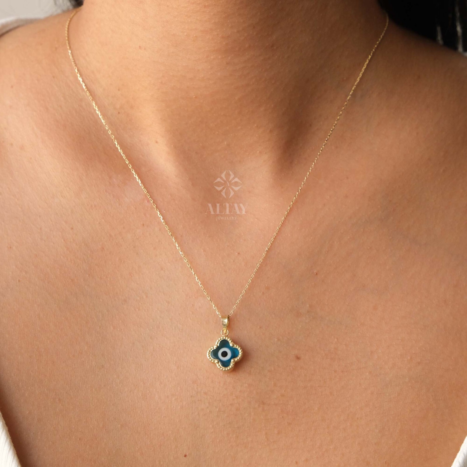 14K Gold Evil Eye Necklace, Clover Evil Eye Necklace, Evil Eye Charm Pendant