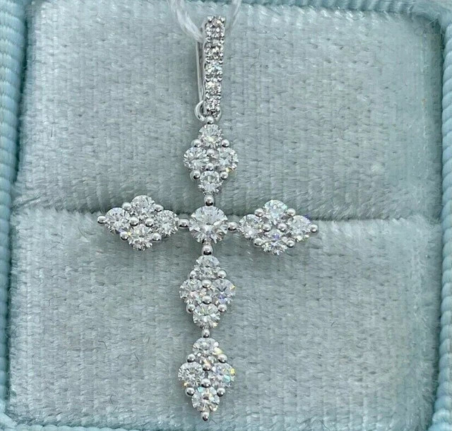 Women’s Cross Charm Pendant 14K White Gold Plated Round 1.98ct Lab Grown Diamond
