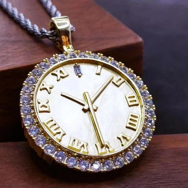 1.20Ct Round Cut Real Moissanite Watch Pendant 14K Yellow Gold Plated Silver