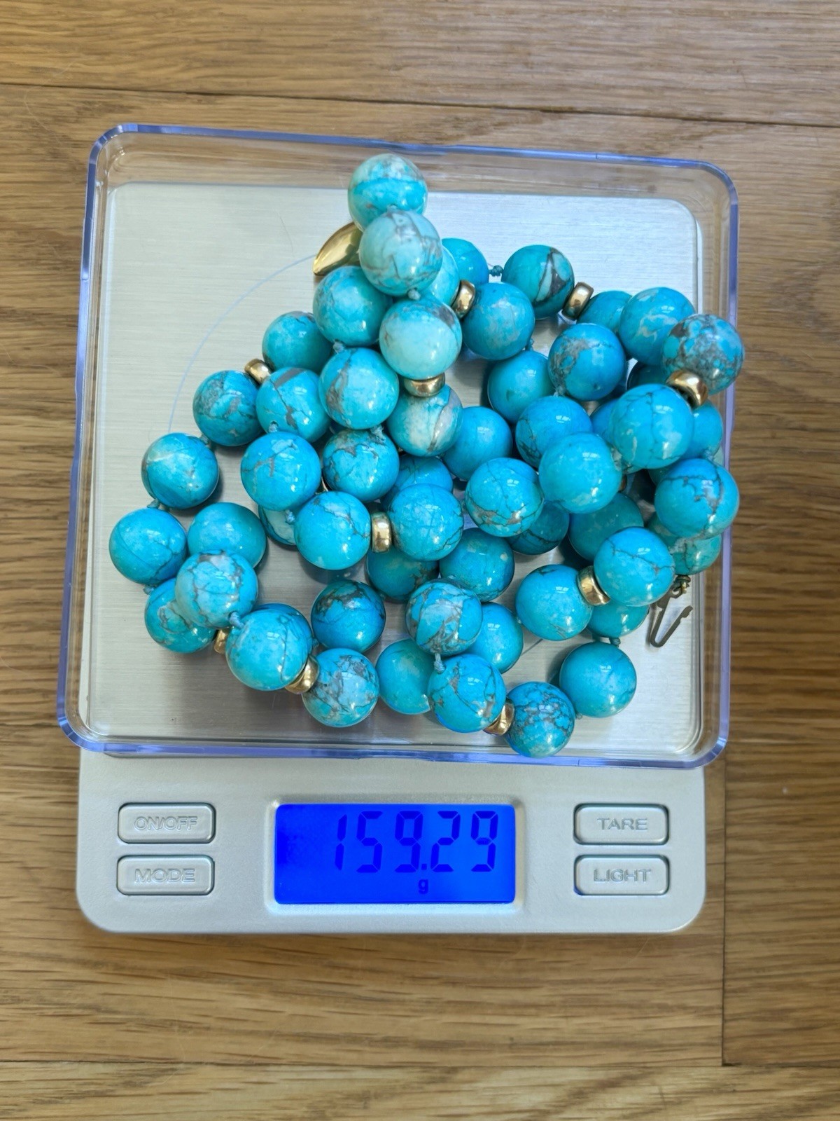Solid 14k Yellow Gold 12mm Round Natural Turquoise Beaded Necklace 33” 159g