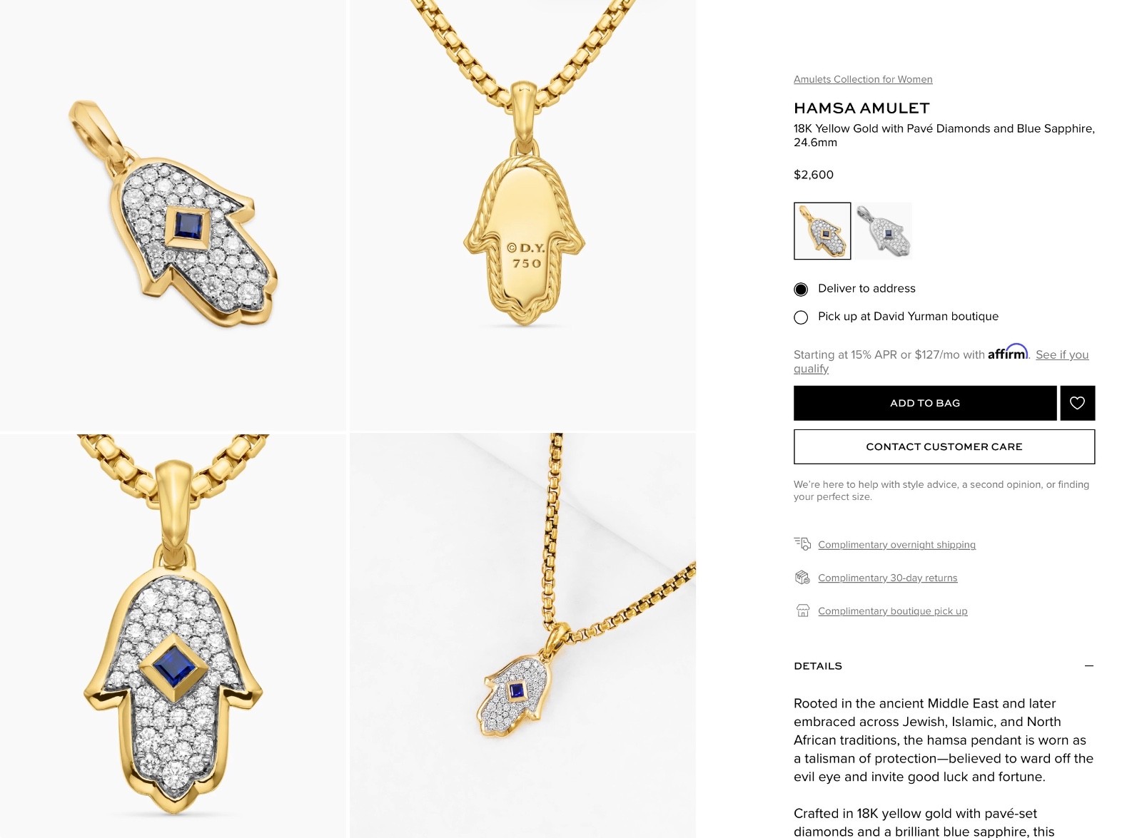 $2600 DAVID YURMAN HAMSA AMULET PENDANT 18K GOLD PAVE DIAMONDS & SAPPHIRE