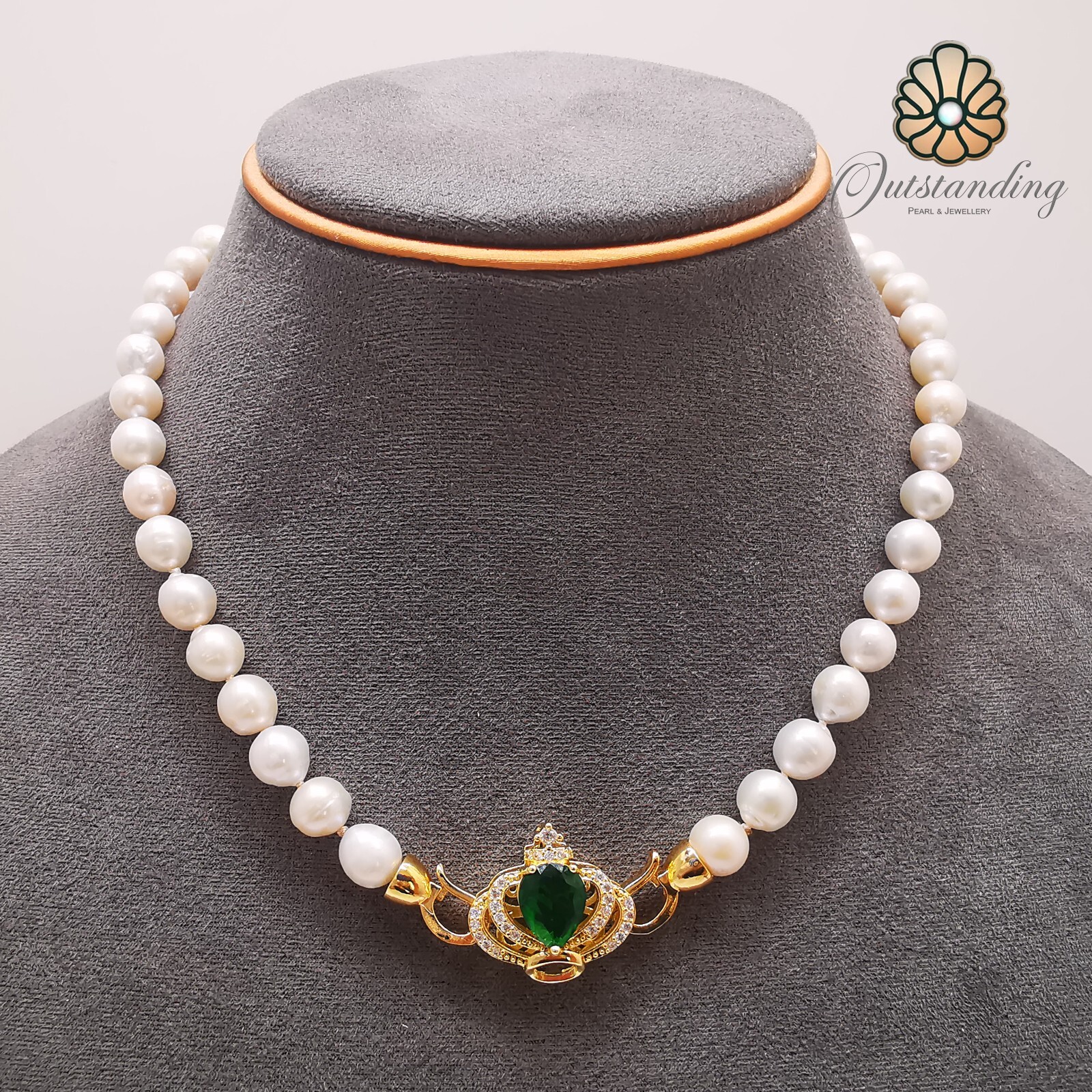 Genuine 7mm Natural Akoya White Pearl Necklace Beads 9ct Yellow Gold Emerald