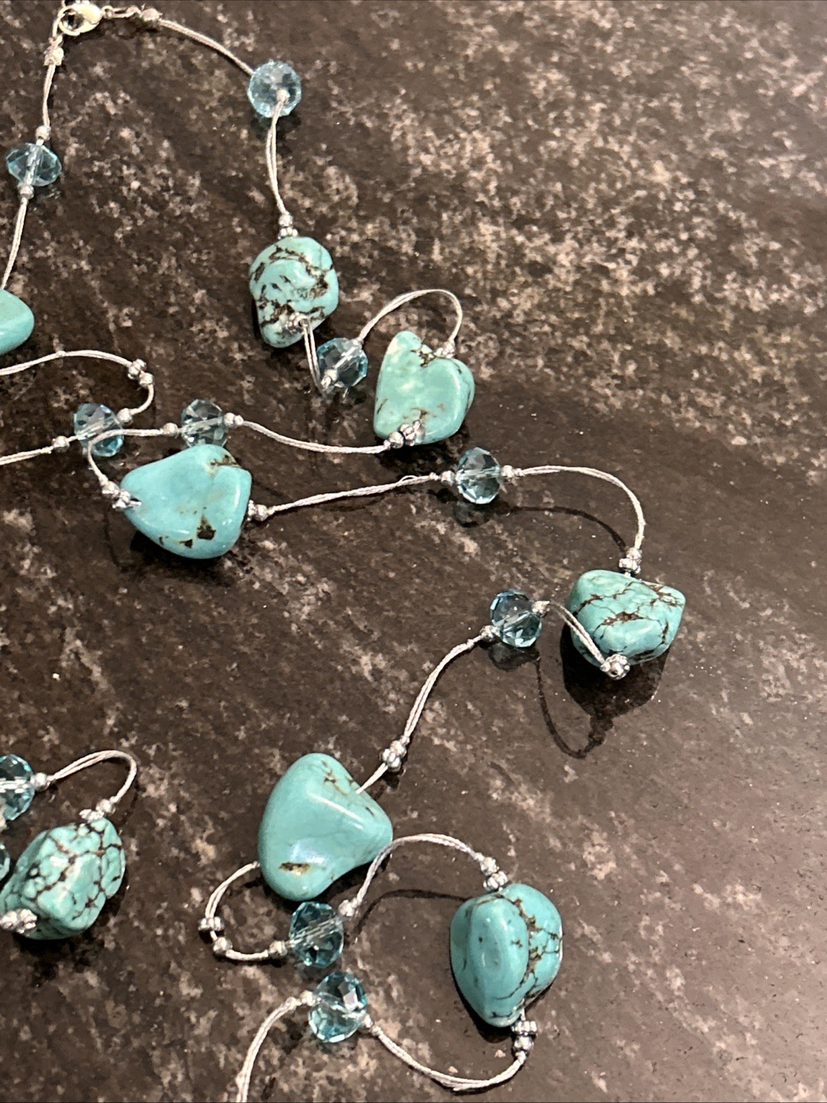 Boutique Turquoise Nuggets w/Crystal Beads Spun Silver Chain Necklace 56” 98.8g