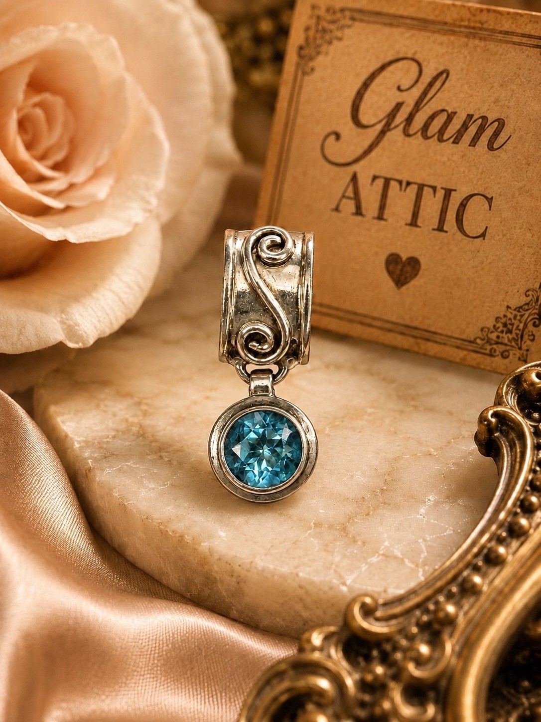Sterling Silver Blue Topaz Pendant 925 Gold Accent Artisan Slide Pendant