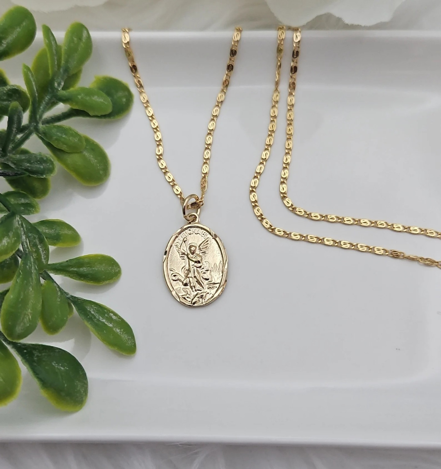 Gold Oval Saint Michael Pendant, 14k Heavy Plated Necklace