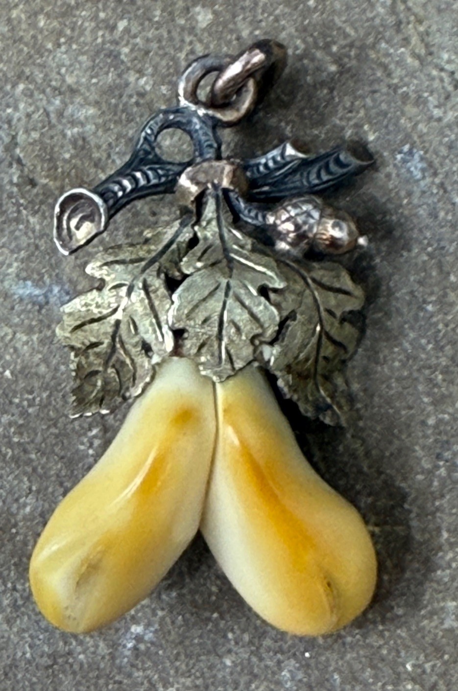 Vintage 835 Silver Gilt German Leaves Acorn Elks Deer Double Tooth Pendant