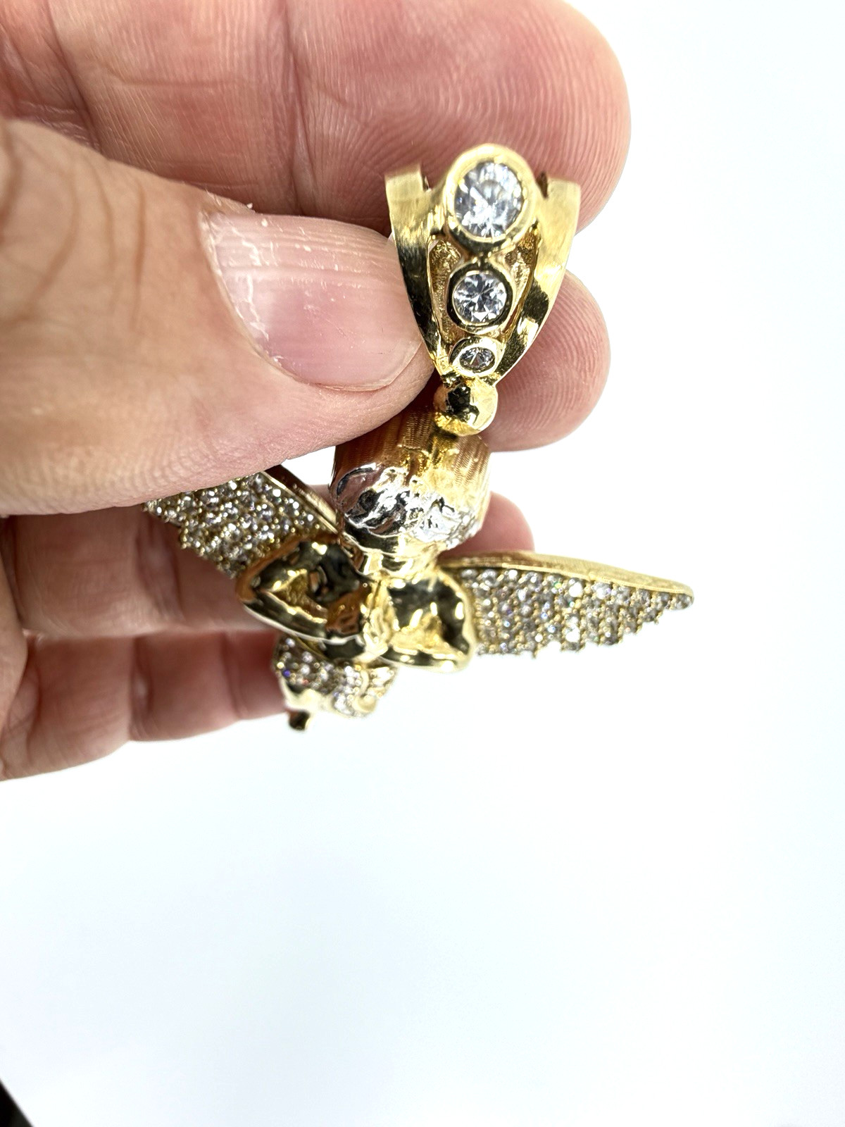 10K Solid Yellow Gold Iced Guardian Praying Angel Pendant CZ Italy