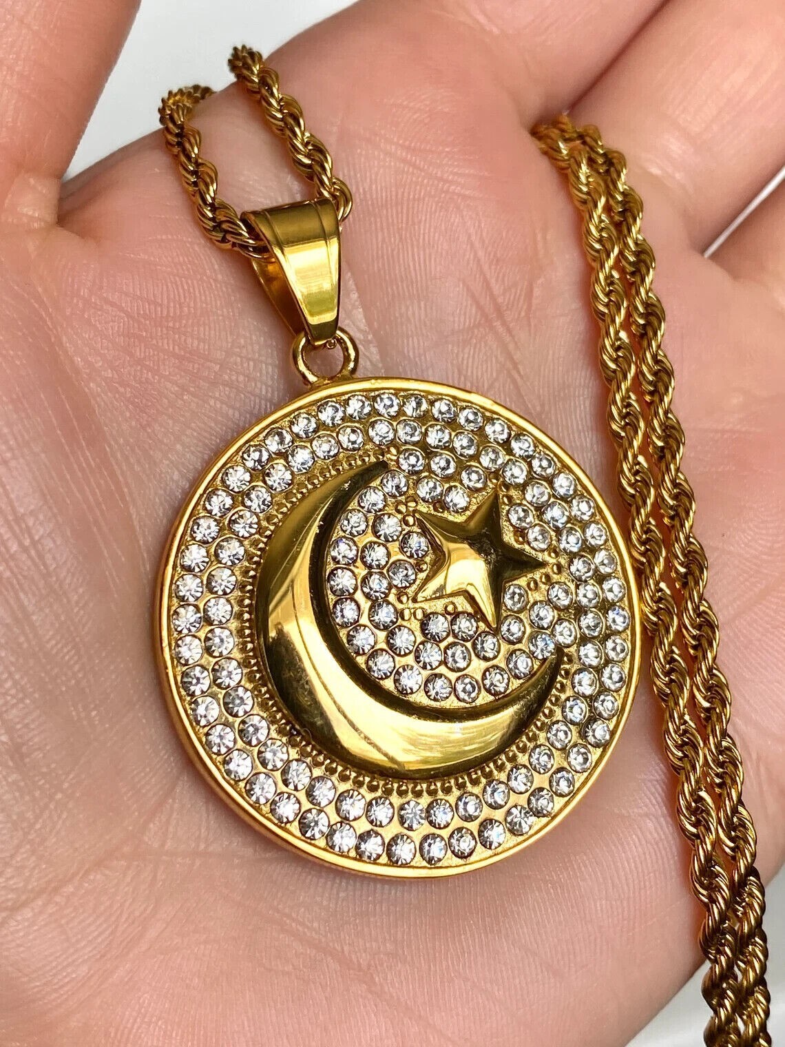 0.80Ct Lab Created Diamond Crescent Moon/Star Pendant 14K Yellow Gold Plated